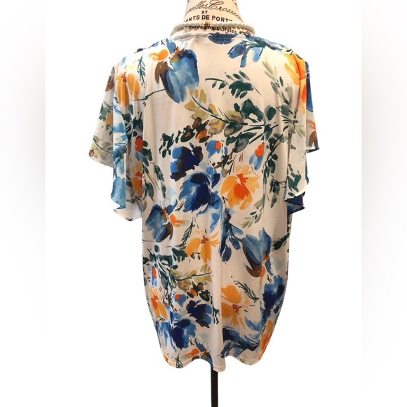 Calvin Klein XL Pin Tucked White, Blue and Orange Floral Women's Top Flutter S/S - Picture 2 of 7